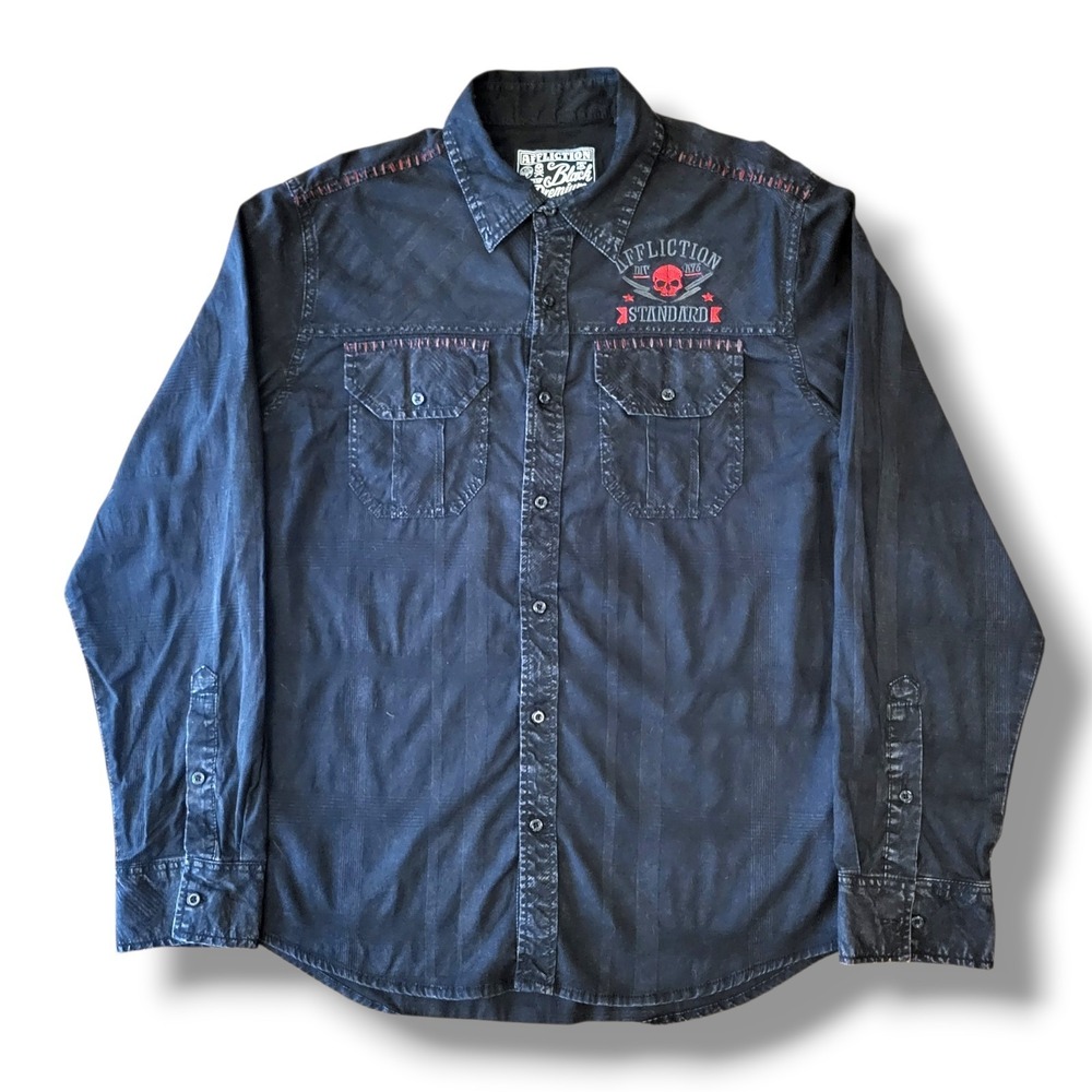 Affliction Motors Black Button Up Shirt Embroidered Logo & Red Accents Sz Large